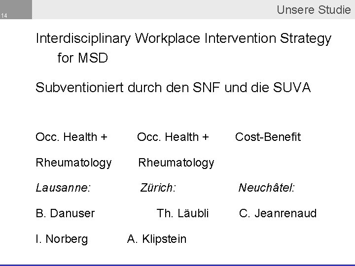 Unsere Studie 14 Interdisciplinary Workplace Intervention Strategy for MSD Subventioniert durch den SNF und