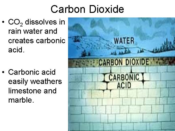 Carbon Dioxide • CO 2 dissolves in rain water and creates carbonic acid. •