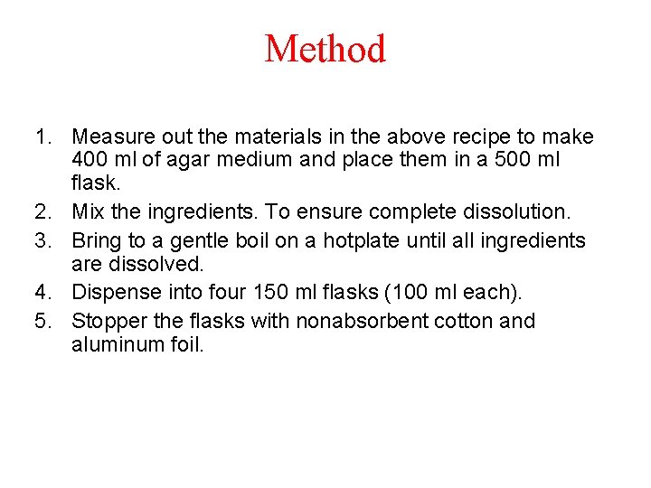 Method 1. Measure out the materials in the above recipe to make 400 ml
