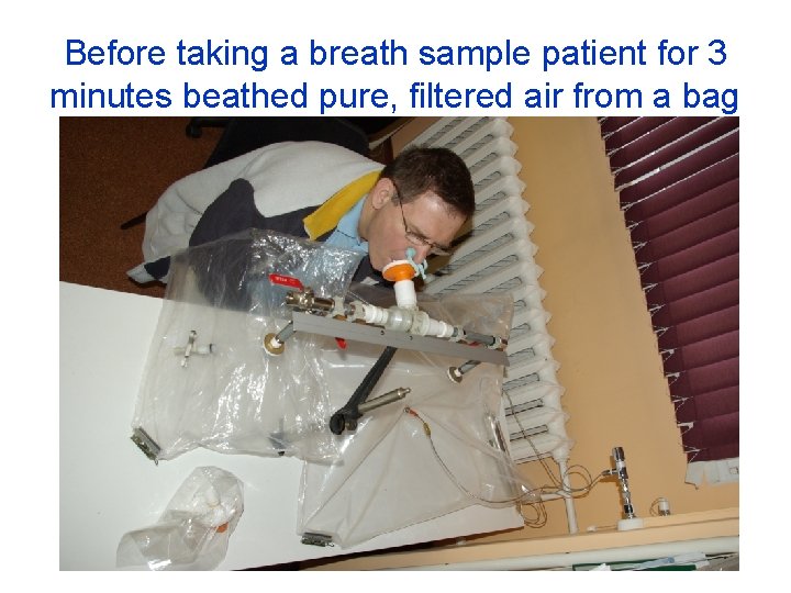 Before taking a breath sample patient for 3 minutes beathed pure, filtered air from