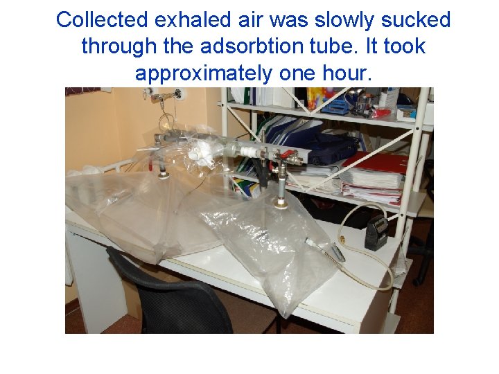 Collected exhaled air was slowly sucked through the adsorbtion tube. It took approximately one Collected exhaled air was slowly sucked through the adsorbtion tube. It took approximately one