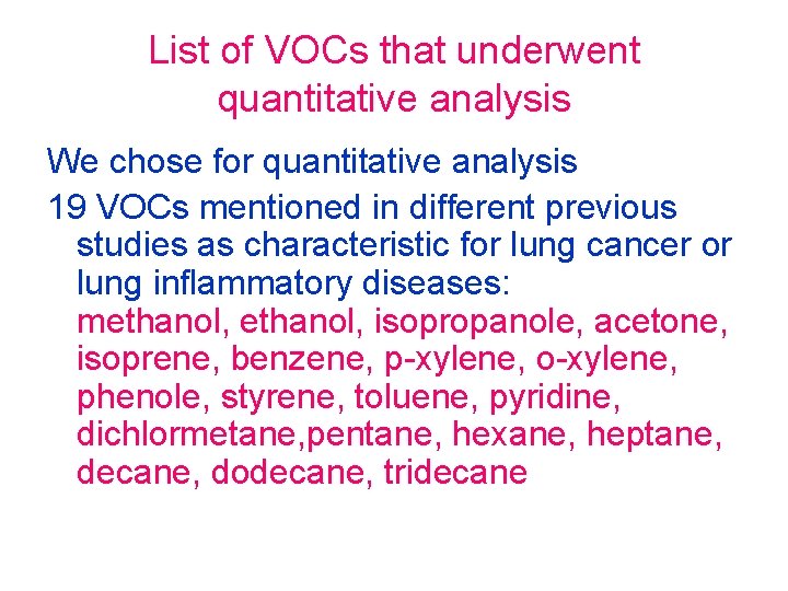 List of VOCs that underwent quantitative analysis We chose for quantitative analysis 19 VOCs List of VOCs that underwent quantitative analysis We chose for quantitative analysis 19 VOCs