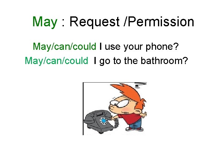 May : Request /Permission May/can/could I use your phone? May/can/could I go to the