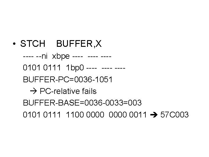 • STCH BUFFER, X ---- --ni xbpe ---- ---0101 0111 1 bp 0 • STCH BUFFER, X ---- --ni xbpe ---- ---0101 0111 1 bp 0