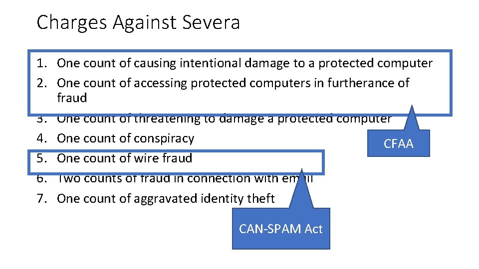 Charges Against Severa 1. One count of causing intentional damage to a protected computer