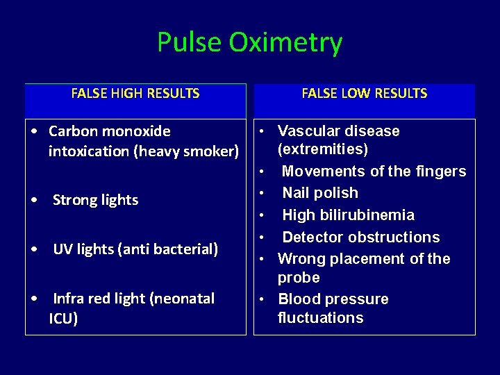 Pulse Oximetry FALSE HIGH RESULTS FALSE LOW RESULTS • Carbon monoxide intoxication (heavy smoker)