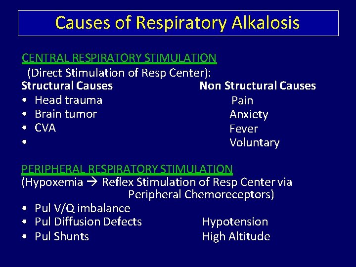Causes of Respiratory Alkalosis CENTRAL RESPIRATORY STIMULATION (Direct Stimulation of Resp Center): Structural Causes