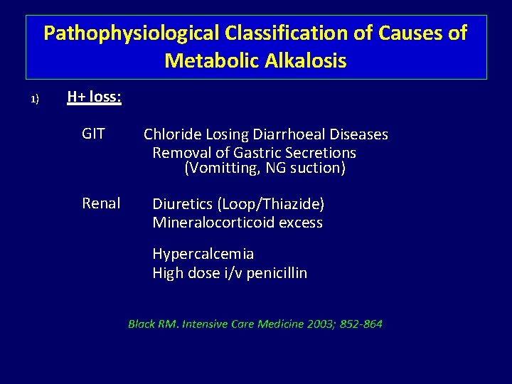 Pathophysiological Classification of Causes of Metabolic Alkalosis 1) H+ loss: GIT Renal Chloride Losing