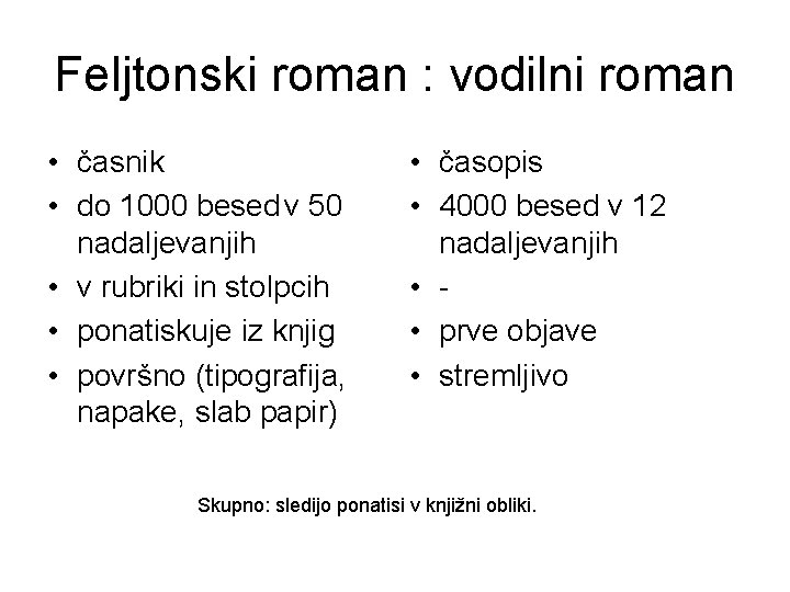 Feljtonski roman : vodilni roman • časnik • do 1000 besed v 50 nadaljevanjih