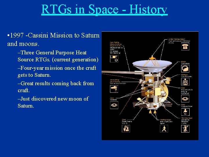 RTGs in Space - History • 1997 -Cassini Mission to Saturn and moons. –Three