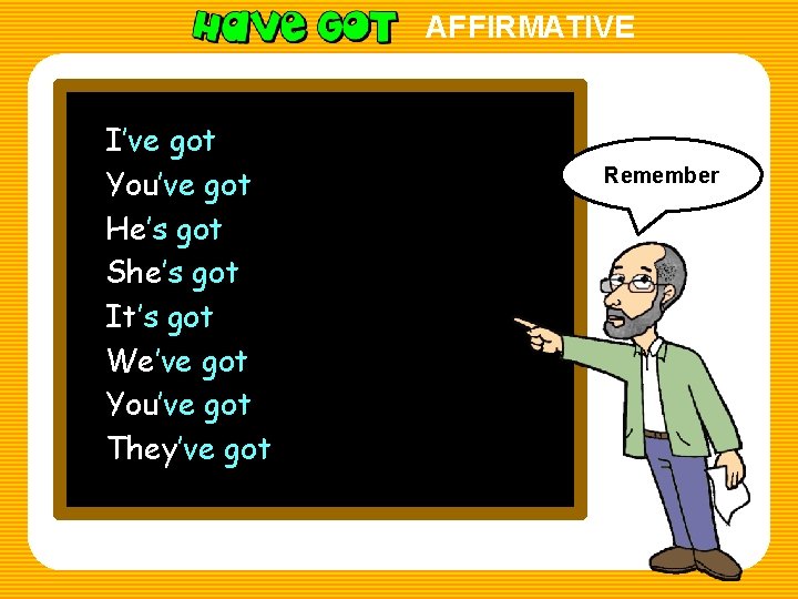 AFFIRMATIVE I’ve I have gotgot You’ve You have gotgot He has He’s gotgot She