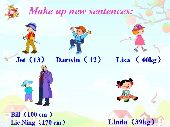 Make up new sentences: Jet（13） Darwin（ 12） Bill（100 cm ） Lie Ning（170 cm） Lisa