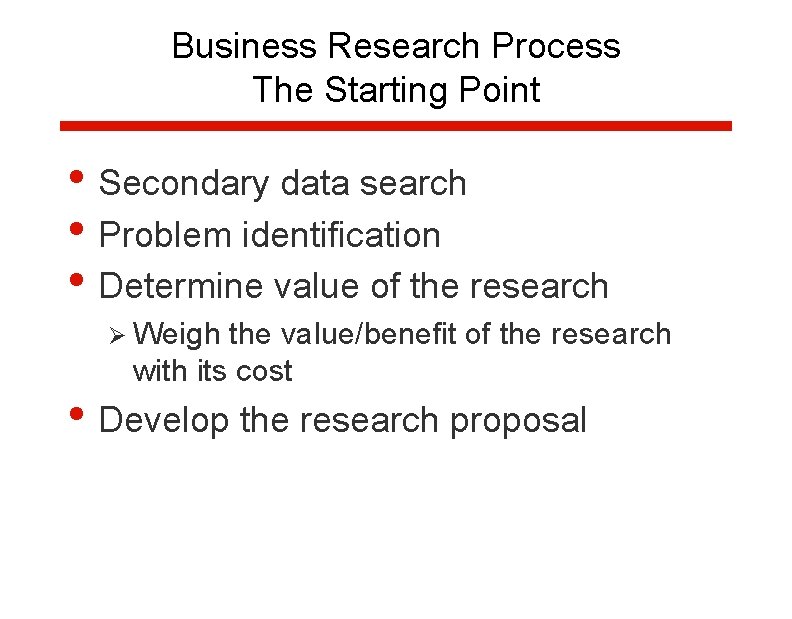 Business Research Process The Starting Point • Secondary data search • Problem identification •