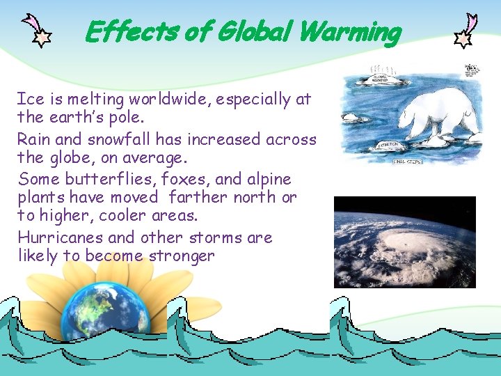 Effects of Global Warming Ice is melting worldwide, especially at the earth’s pole. Rain