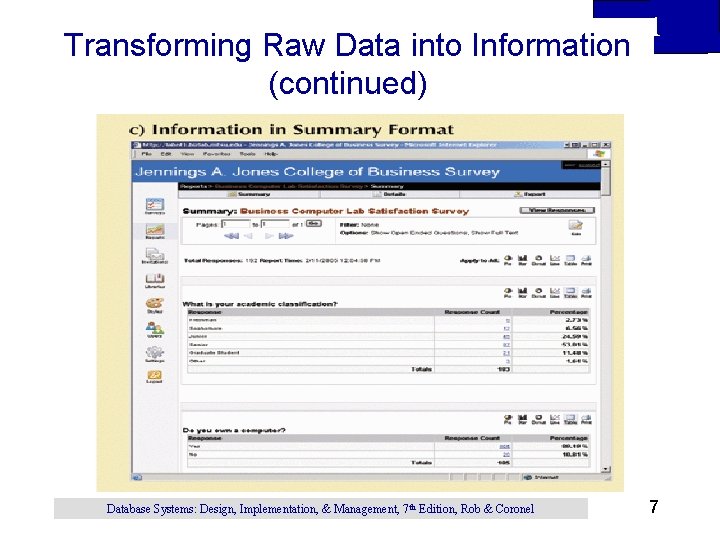 Transforming Raw Data into Information (continued) Database Systems: Design, Implementation, & Management, 7 th Transforming Raw Data into Information (continued) Database Systems: Design, Implementation, & Management, 7 th