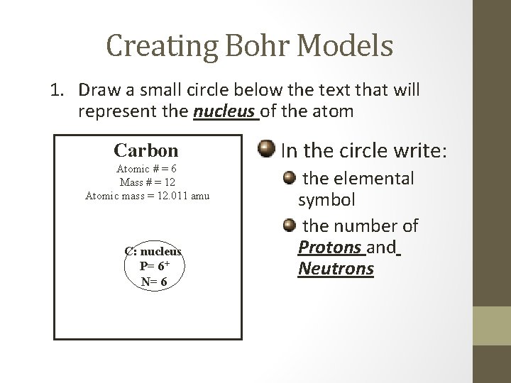 Creating Bohr Models 1. Draw a small circle below the text that will represent