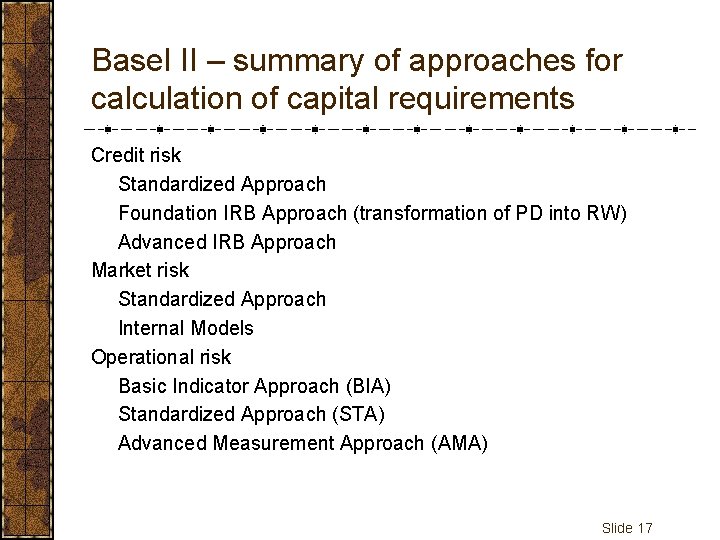 Basel II – summary of approaches for calculation of capital requirements Credit risk Standardized