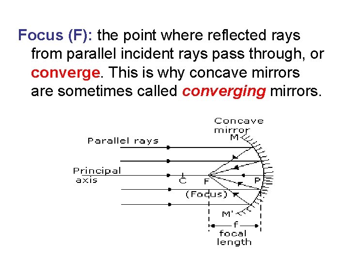 Focus (F): the point where reflected rays from parallel incident rays pass through, or