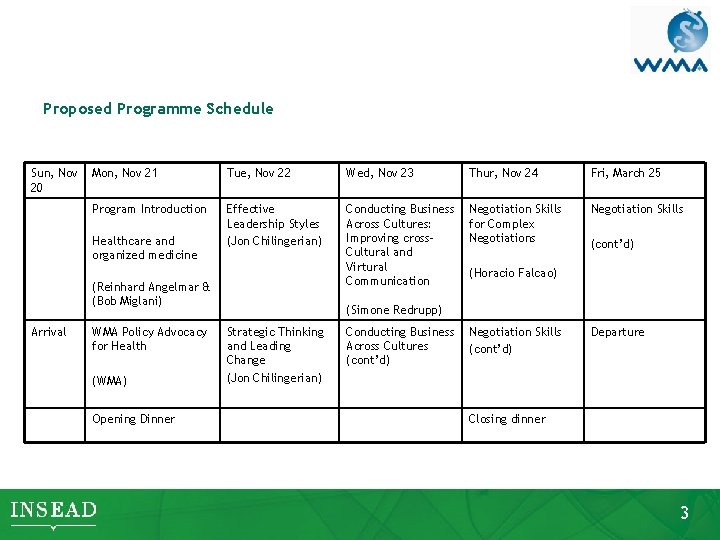 Proposed Programme Schedule Sun, Nov 20 Mon, Nov 21 Tue, Nov 22 Wed, Nov