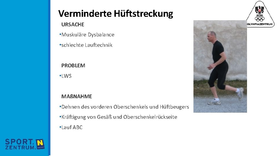 Verminderte Hüftstreckung URSACHE • Muskula re Dysbalance • schlechte Lauftechnik PROBLEM • LWS MAßNAHME