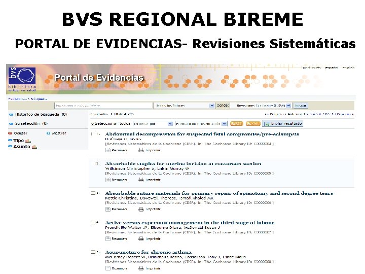 BVS REGIONAL BIREME PORTAL DE EVIDENCIAS- Revisiones Sistemáticas 
