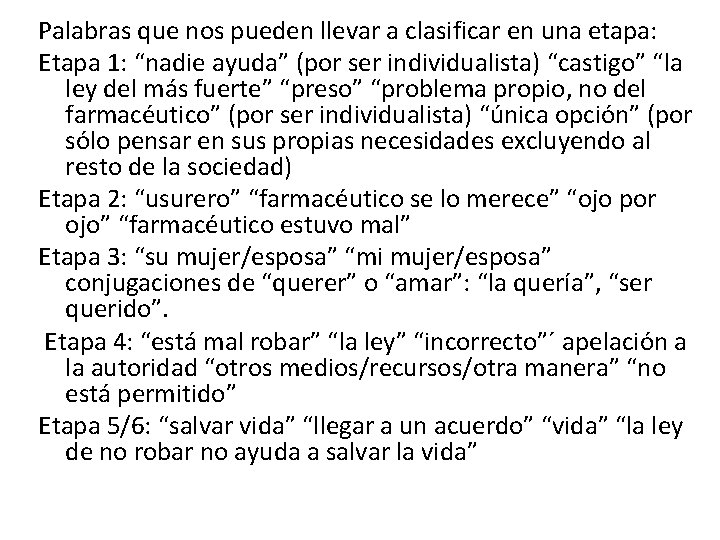 Palabras que nos pueden llevar a clasificar en una etapa: Etapa 1: “nadie ayuda”