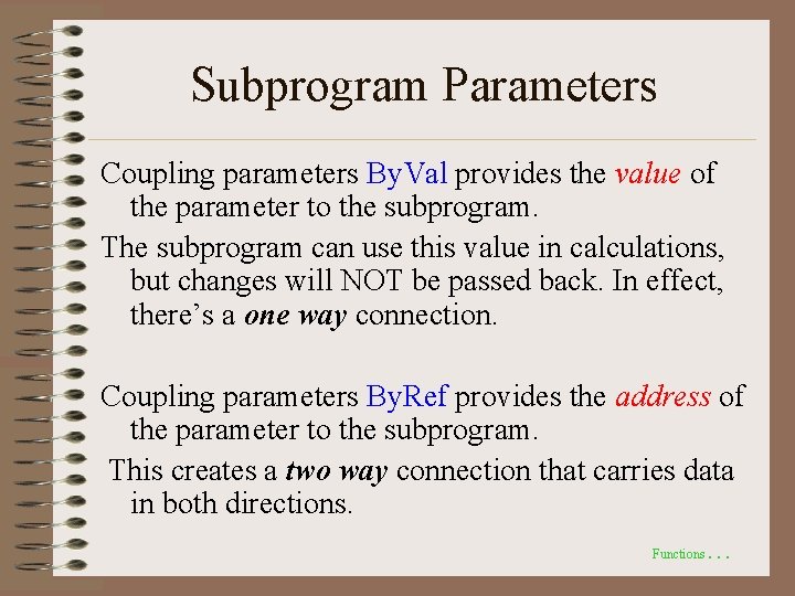 Subprogram Parameters Coupling parameters By. Val provides the value of the parameter to the