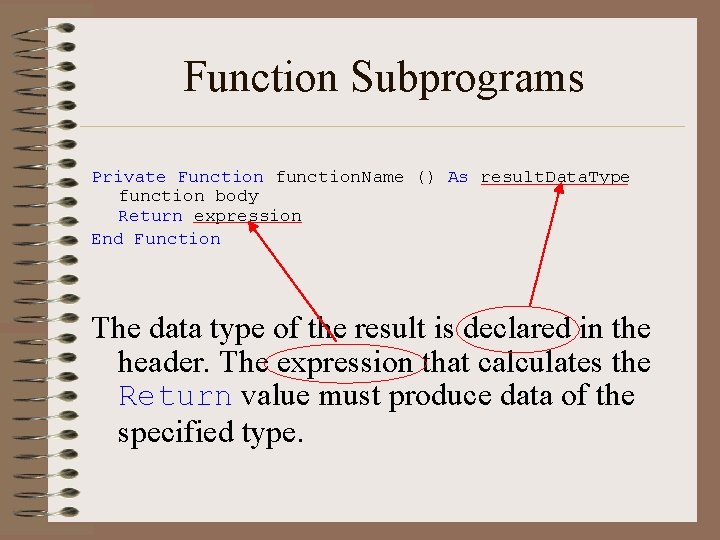 Function Subprograms Private Function function. Name () As result. Data. Type function body Return