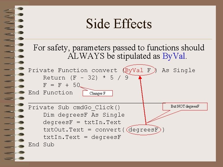 Side Effects For safety, parameters passed to functions should ALWAYS be stipulated as By.