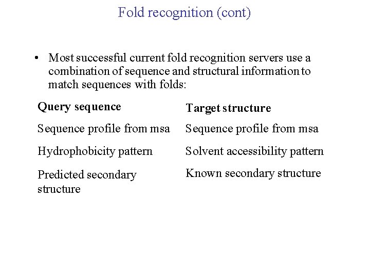 Fold recognition (cont) • Most successful current fold recognition servers use a combination of