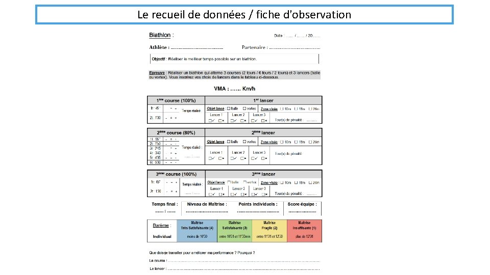 Le recueil de données / fiche d'observation Le recueil de données / fiche d'observation