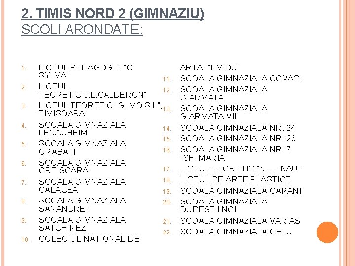 2. TIMIS NORD 2 (GIMNAZIU) SCOLI ARONDATE: 1. 2. 3. 4. 5. 6. 7.