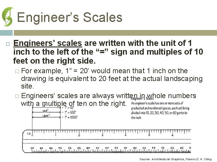 Engineer’s Scales Engineers’ scales are written with the unit of 1 inch to the