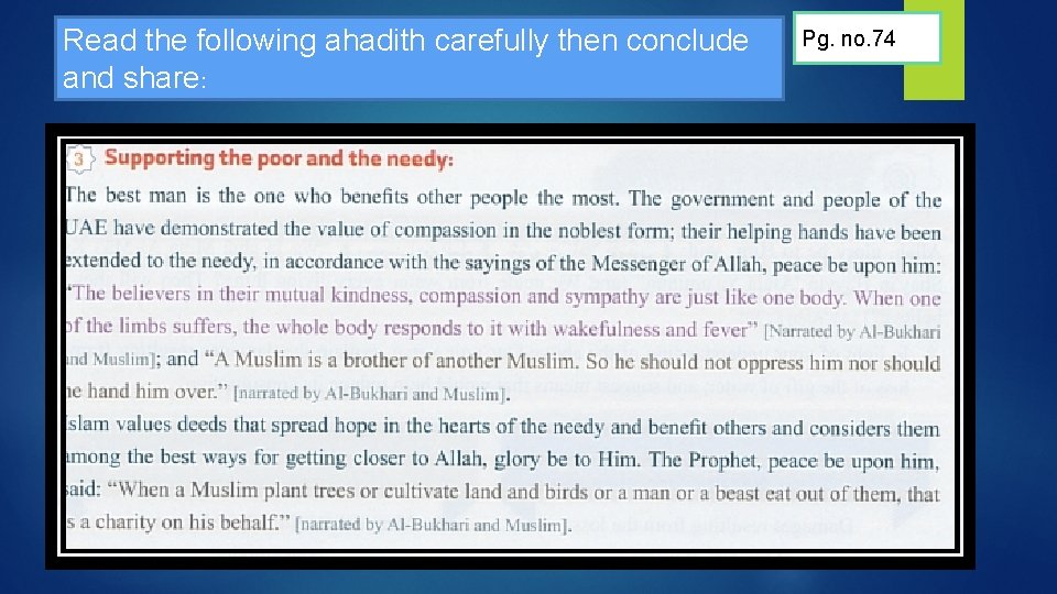 Read the following ahadith carefully then conclude and share: Pg. no. 74 