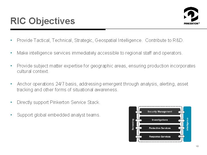 RIC Objectives • Provide Tactical, Technical, Strategic, Geospatial Intelligence. Contribute to R&D. • Make