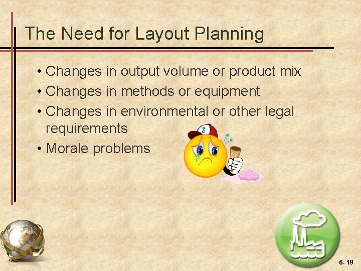 The Need for Layout Planning • Changes in output volume or product mix •