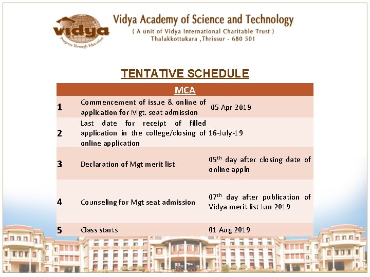 TENTATIVE SCHEDULE MCA 1 2 Commencement of issue & online of 05 Apr 2019