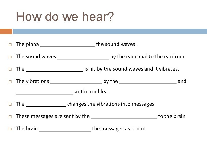 How do we hear? The pinna __________ the sound waves. The sound waves _________ How do we hear? The pinna __________ the sound waves. The sound waves _________