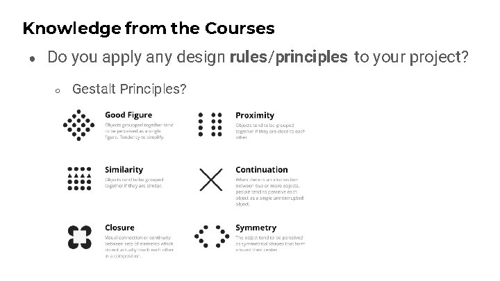 Knowledge from the Courses ● Do you apply any design rules/principles to your project?