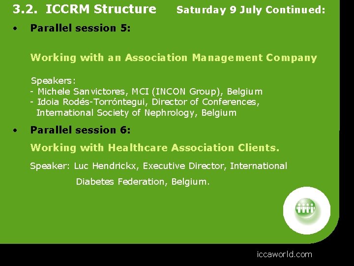 3. 2. ICCRM Structure • Saturday 9 July Continued: Parallel session 5: Working with