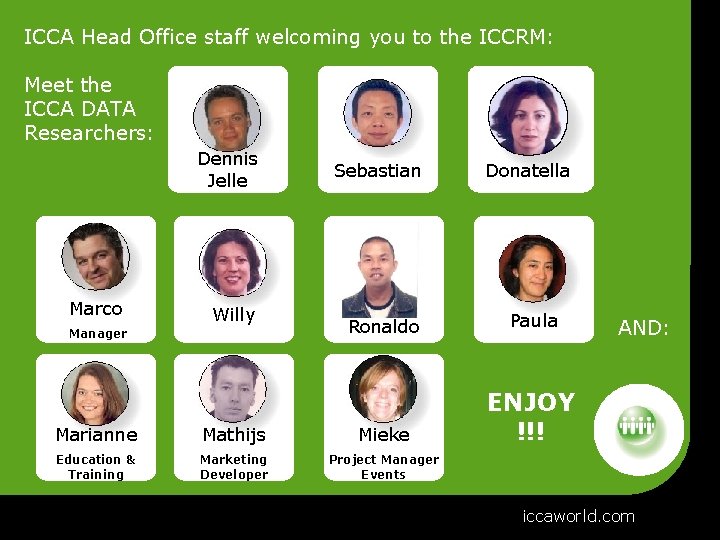 ICCA Head Office staff welcoming you to the ICCRM: Meet the ICCA DATA Researchers: