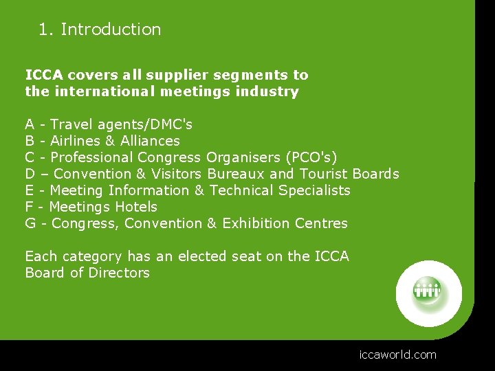 1. Introduction ICCA covers all supplier segments to the international meetings industry A -