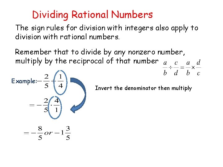 Dividing Rational Numbers The sign rules for division with integers also apply to division