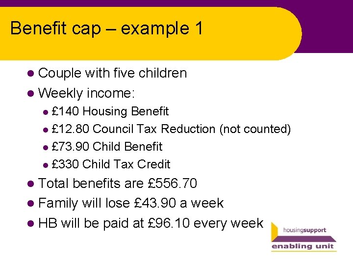 Benefit cap – example 1 l Couple with five children l Weekly income: £
