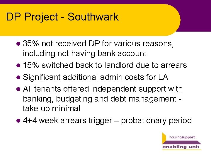 DP Project - Southwark l 35% not received DP for various reasons, including not