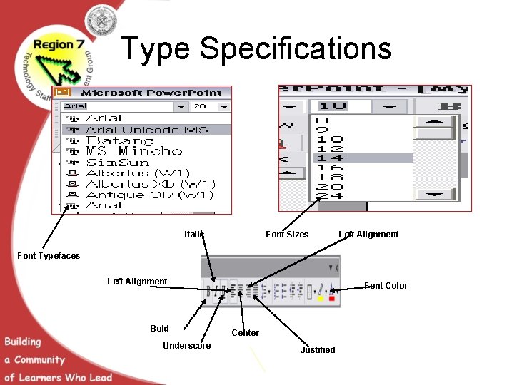 Type Specifications Italic Font Sizes Left Alignment Font Typefaces Left Alignment Bold Underscore Font