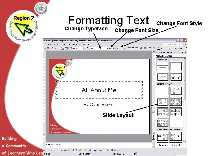 Formatting Text Change Typeface Change Font Style Change Font Size Slide Layout 