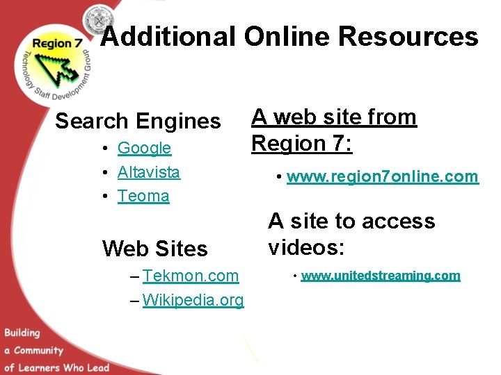 Additional Online Resources Search Engines • Google • Altavista • Teoma Web Sites –