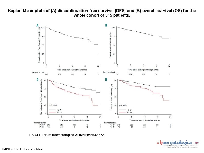 Kaplan-Meier plots of (A) discontinuation-free survival (DFS) and (B) overall survival (OS) for the
