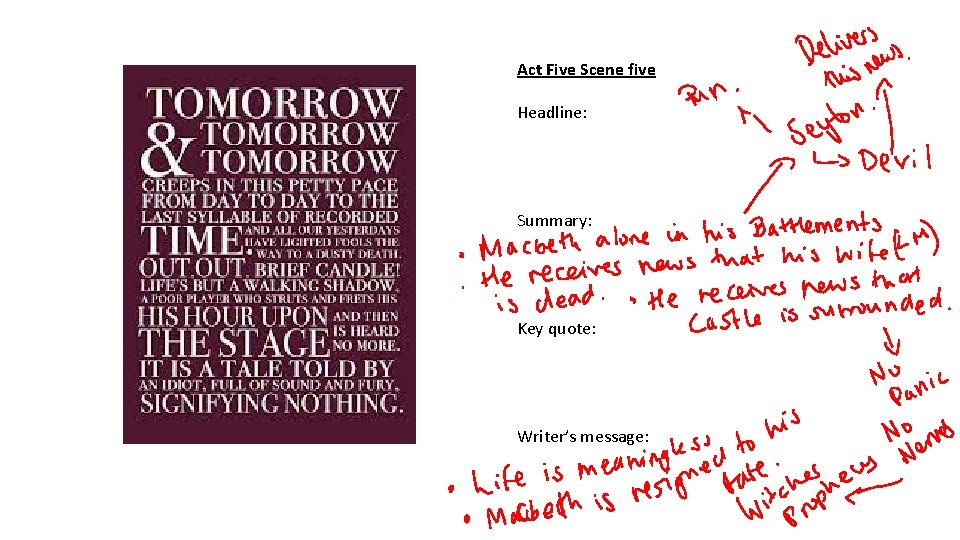 Act Five Scene five Headline: Summary: Key quote: Writer’s message: 